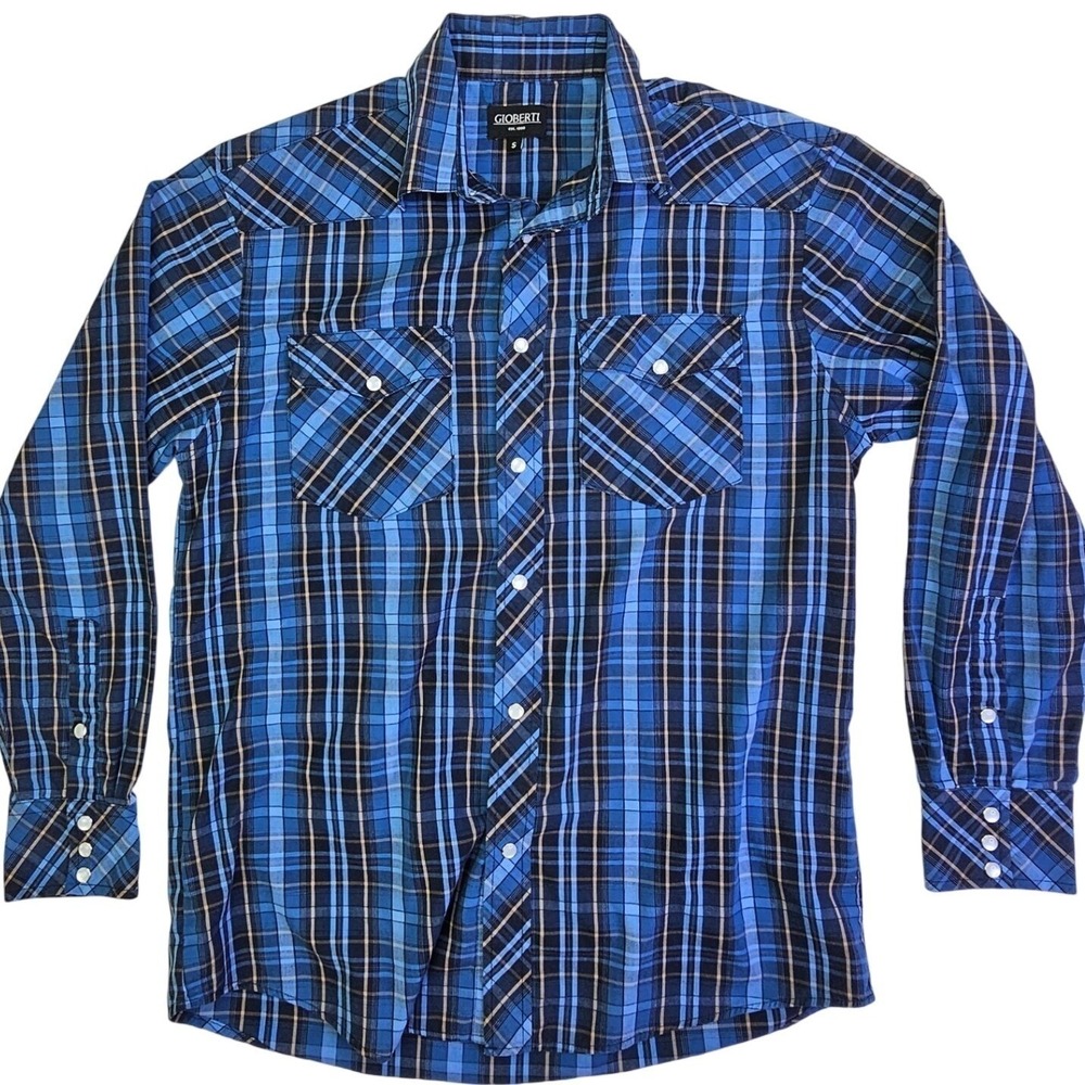 Gioberti Mens Blue Plaid Western Pearl Snap Shirt Long Sleeve LS-92W Small